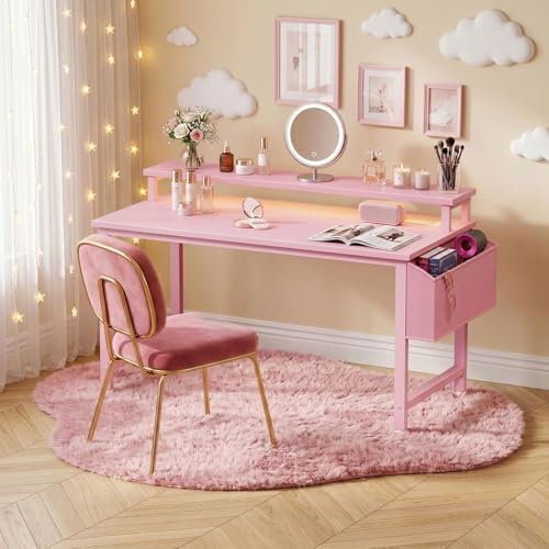 Lufeiya Girls Desk with Power Outlets and LED Lights, 40 Inch Gaming Desk Table with Charging Station, Home Office Computer Desks with Monitor, Pink - Image 6