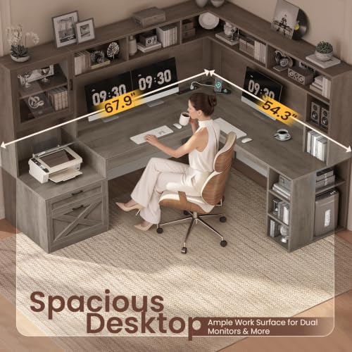 SEDETA 68" Farmhouse L Shaped Office Desk with Hutch, Storage Drawers - Image 5