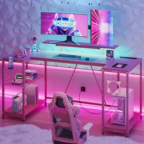 Bestier Pink Gaming Desk, 63 inch U Shaped, Pink 3D Carbon Fiber - Image 3
