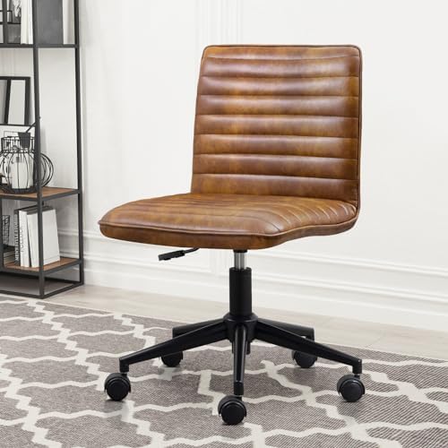 Furniliving Leather Office Chair with Wheels Armless Vanity Desk Chair 360° Swivel Computer Rolling Chair with Mid Back, Height Adjustable Accent Chairs with Gold Metal Base Stool, PU YellowBrown by FurnilivingFurnitureforHome