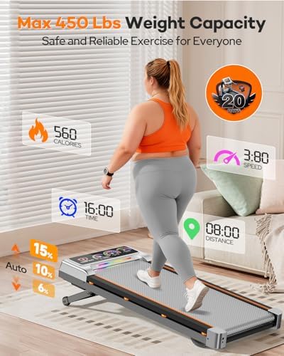 Walking Pad Treadmill with 15% 12-Level Incline & UI Screen, Trisomy 3.5HP Foldable Under Desk Treadmill with Bluetooth Speaker, Portable Treadmills for Home Office 450LBS, Remote, RGB Light - Image 5