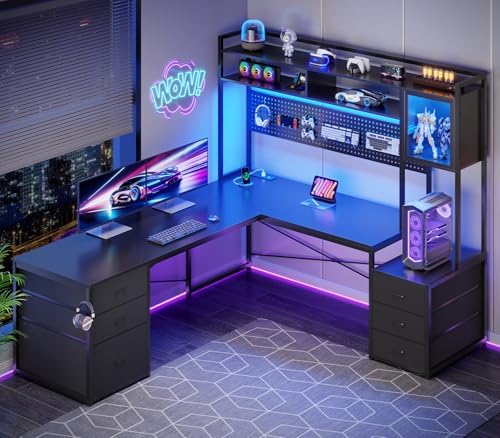SEDETA Reversible L Shaped Gaming Desk with 6 Drawers, Hutch, Led Lights by SEDETA