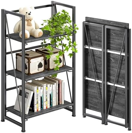 4NM No Assembly Folding Bookshelf Storage Shelves 3 Tier Vintage Bookcase Standing Racks for Bedroom Living Room Home Office by 4NM