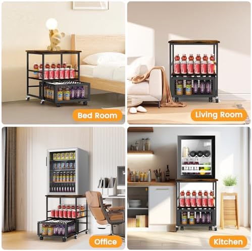 19.7x19.7in Mobile Mini Fridge Stand with 3 Storage,Small Beverage Refrigerator Table with Wheels Rolling Compact Drawer Cart,Great for Dorm Home Office, Printer Stand, Coffee Table - Image 3