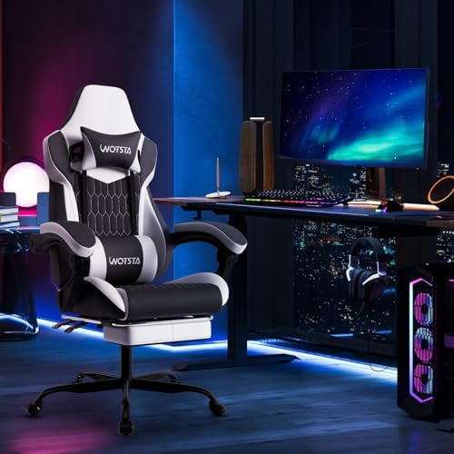 Gaming Chair with Footrest, High Back Gaming Chairs PVC Leather Ergonomic Gamer Chair with Adjustable Headrest Lumbar Support Racing Style Video Gaming Chair for Office/Home (Black White) - Image 2
