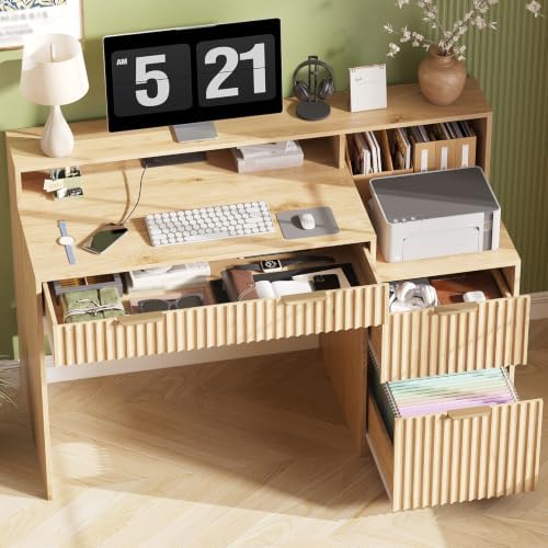 Vabches Fluted Computer Desk with Power Outlets, Home Office Desk with Drawers, Printer Stand, Wood Computer Desk with Long Monitor Stand, Oak - Image 6