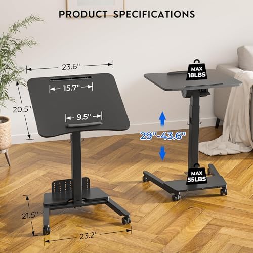 BONTEC Mobile Standing Desk, Adjustable Height, 23.6 x 20.5 Inch, Black - Image 2