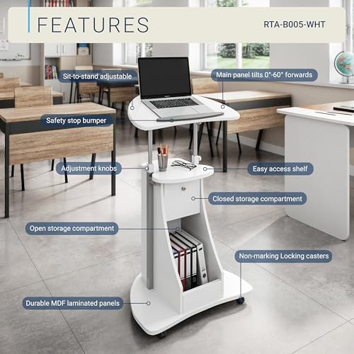 Techni Mobili Adjustable Height Rolling Laptop Cart with Storage, White - Image 4