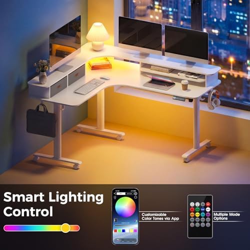 2-Tier L Shaped Electric Standing Desk with Drawers, 63 x 55 Height Adjustable Desk with Memory Controller, Storage, Ergonomic Corner Desk Sit Stand up Computer Table for Home Office, White - Image 6