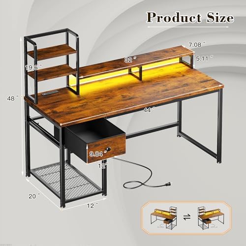 EnHomee 44" Small Computer Desk with Hutch & Shelves for Teen Gamer,Brown - Image 3