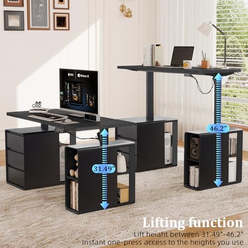 Electric Standing Desk with Drawers, 55" Office Desk Height Adjustable Executive Desk with Storage Shelves, Simple Setup Wood Desk Home Office Stand up Desk for Work, Study, Writing, Black - Image 4