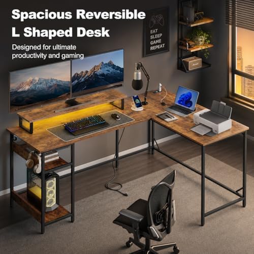DEVAISE 60 Inch L Shaped Gaming Desk with LED Lights, Rustic Brown - Image 3