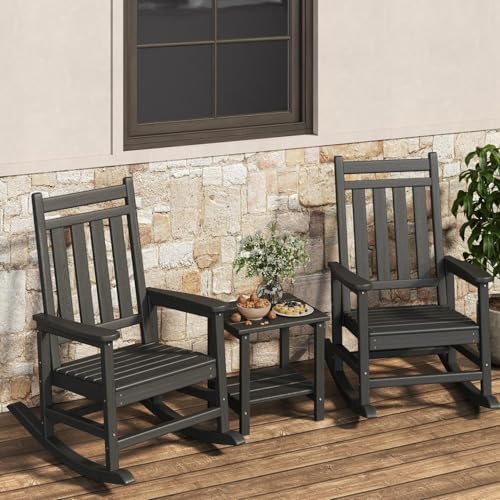 HDPE Rocking Chair Outdoor Set of 2 with Side Table, High Back Rocker by Garvee