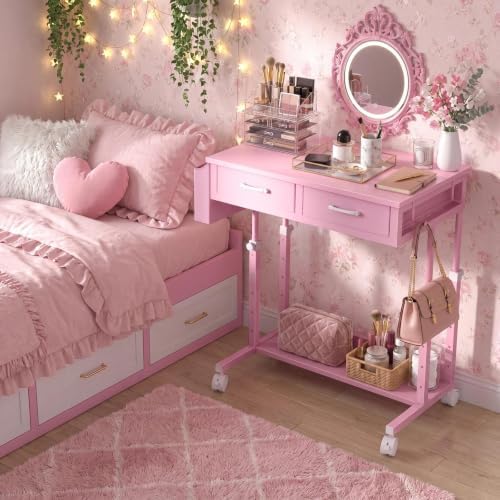 Pink Rolling Desk with Drawers, Small Height Adjustable Girls Standing Desk - Image 5