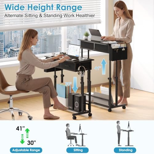 Small Standing Desk with Storage, Height Adjustable Sit Stand Desk with Drawers, Mobile Office Desk with Wheels and Side Pocket, Adjustable Laptop Workstation for Home Office - Image 3