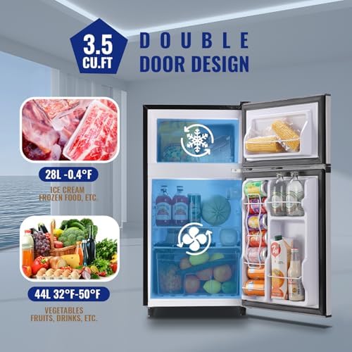 WANAI Refrigerator 3.5 Cu.Ft Refrigerator with Freezer, Retro Fridge with Dual Door,7 Adjustable Thermostat, Adjustable Shelves For Dorm, Office Bedroom, Silver - Image 3