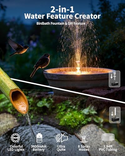 POPOSOAP 8W Solar Fountain Pump with 3200mAh Battery Backup & LED Lights, Solar Water Fountain Kit with 8 Nozzles & PVC Tubing for Bird Bath, Pond, Fish Tank, Backyard Decor P108DL - Image 2