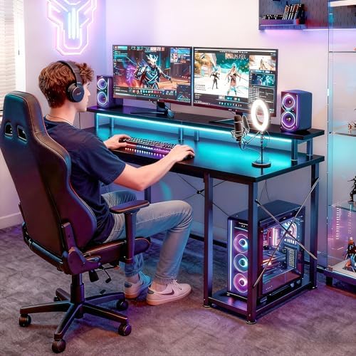 ODK 48 Inch Gaming Desk with LED Lights & Storage Shelves, Black - Image 6