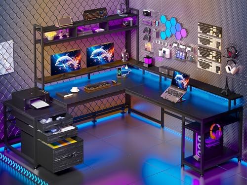 EnHomee 64x59 Inch Two Person L Shaped Gaming Desk with Shelf & LED Lights by EnHomee
