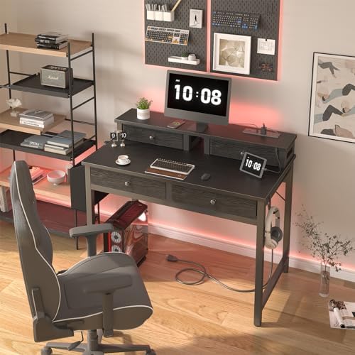 Lufeiya Small Desk with Drawers for Home Office Bedroom, 31 inch Black Writing Study Desks with Fabric Drawers Storage, Gaming Desk Table with Power Outlet & Monitor Stand, Black - Image 2