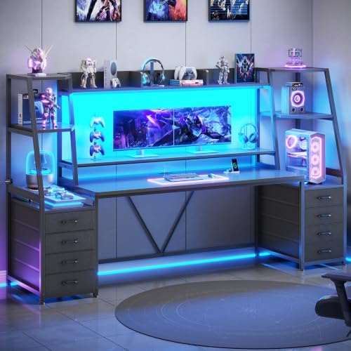 SEDETA Gaming Desk with LED Lights, 8 Drawers and Storage Shelves, Black by SEDETA