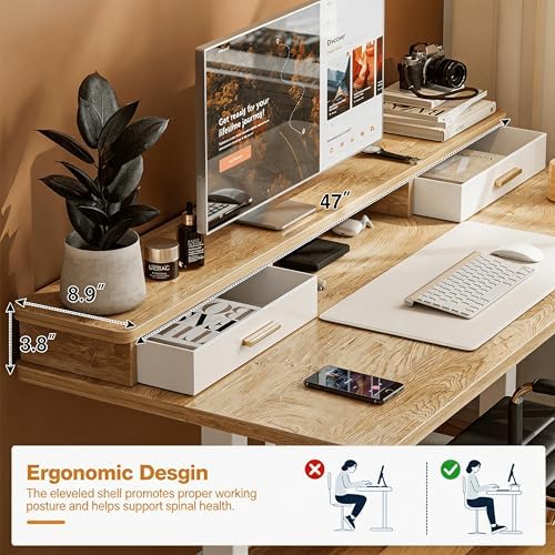 Grandder Electric Standing Desk with Two Drawers, Sit to Stand Up Height Adjustable Desk with Storage Shelf for Home Office, 47 * 24 Inch, Study, Ergonomic Adjustable Computer Desk, Oak - Image 4