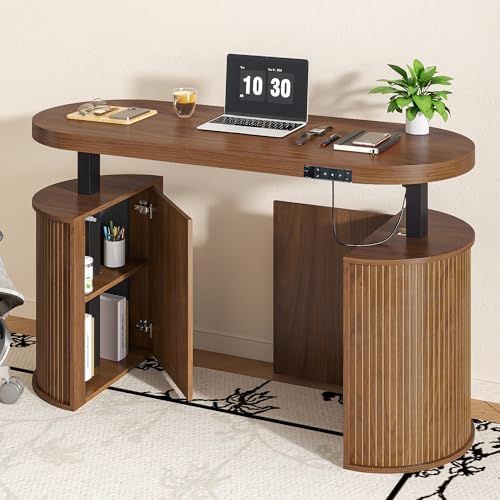 Mid Century Modern Electric Standing Desk with Storage, 55 x 22 Inch Small Sit Stand Up Desk, Wood Adjustable Height Computer Executive Desk for Home Office, Laptop, Walnut by BuyNow