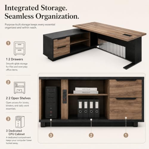 78.7 Inch Large Executive Desk with Drawers Cabinet, L Shaped Office Desk, Computer Desk with Universal Charging Ports and Cable Management for Business Furniture Set Workstation for Home Office - Image 6