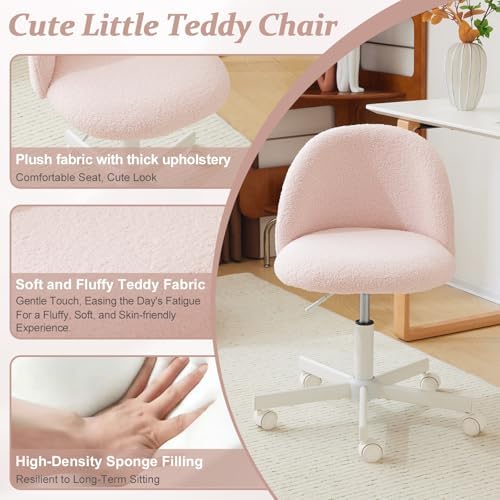 VINGLI Cute Candy Chair Armless Comfy Small Office Desk Vanity Chair with Wheels & Lumbar Support,Teddy Adjustable Rolling Swivel Computer Task Ch for Home Office,Bedroom,Gentle Pink - Image 4