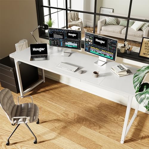 Huuger Computer Desk, 70 Inch Office Desk, Gaming Desk with Storage, Writing Desk Work Desk for Home Office, Study, Long Simple Desk, Large Legroom, Metal Frame, White - Image 6