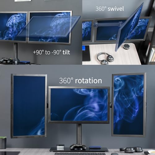VIVO Black Triple Monitor Mount Freestanding Desk Stand with Glass Base, Heavy Duty Fully Adjustable Stand for 3 Screens up to 24 inches STAND-V003FG - Image 4
