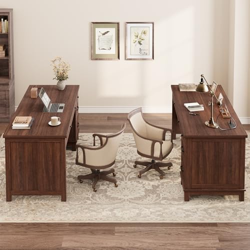 GarveeHome Executive Desk with Drawers, Farmhouse Home Office Desk with Charging Station, 53.54 in Wooden Computer Desk with File Cabinet Storage for Work Study Writing,Walunt Brown - Image 3
