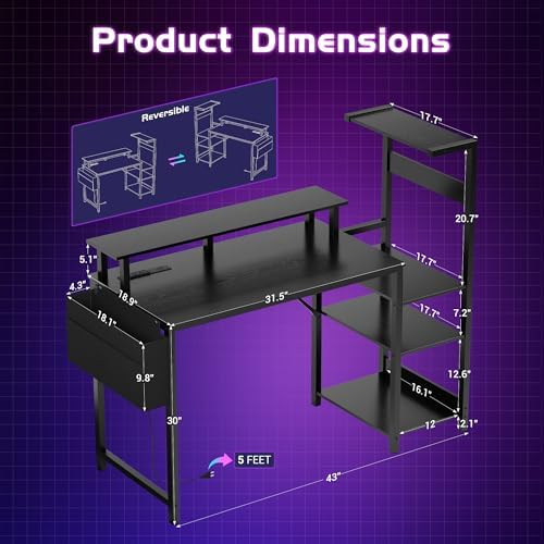 Gaming Desk 43 Inch Computer Table with Storage Shelves & Monitor Stand - Image 3