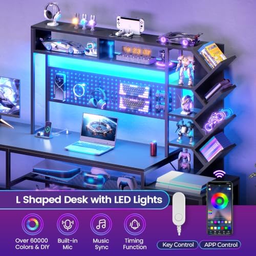 SEDETA L Shaped Gaming Desk with Hutch, Convertible 97.6" Two Person Office Desk with Drawers and Bookshelf, Corner Computer Desk with Power Outlet, LED Lights, Black - Image 6