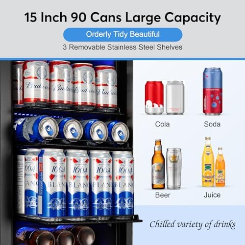 Beverage Refrigerator 15 Inch Wide, Upgrade Beverage Cooler With Glass Door,90 Can Beverage Fridge Capacity, Built-In Or Freestanding, Temperature Memory, Reversible Door, Perfect For Soda, Beer - Image 4