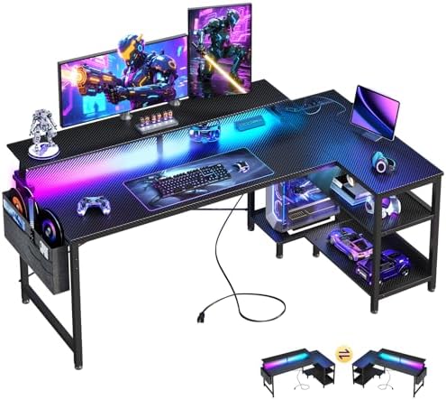ODK 58 Inch L Shaped Gaming Desk with LED Lights, Power Outlets, Black by ODK