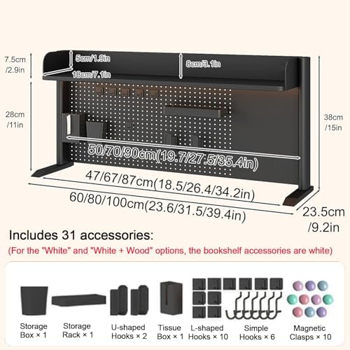 Desktop Bookshelf Organizer, Desktop Bookshelf Adjustable Hutch,Countertop Desk Hutch with Pegboard and Accessories,Storage Organizer Display Rack for Home Office Dorm(Black,L60xh38cm/23.6x15'') - Image 2