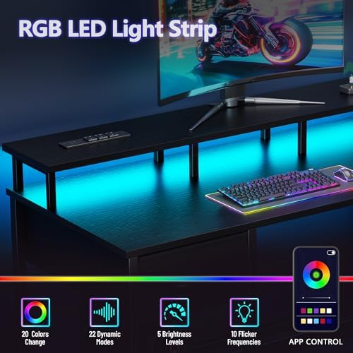 Korfile 47 Inch Gaming Computer Desk with Power Outlets,LED,5 Drawers,Black - Image 4