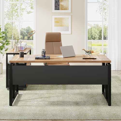 Tribesigns 63" Executive with Drawer Cabinet, L Shaped Desk and Lock lateral File Cabinet, 2 Piece Home Office Furniture Set with Drawers for Hanging File, (Brown, 63 inches) - Image 6
