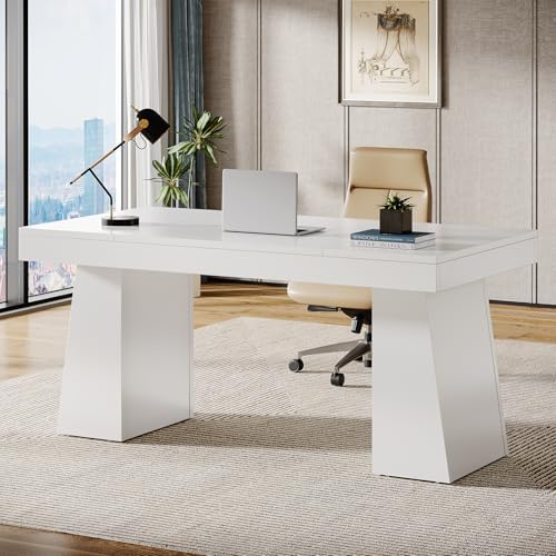 Tribesigns 55 Inches Executive Desk, Mid-Century Modern Home Office Desk, Wood Computer Table Business Workstation Small Conference Table, White - Image 6