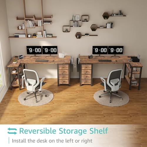 Lufeiya L Shaped Computer Desk with Drawers & Storage Shelves, 55 Inch Corner Desk with Power Outlet for Home Office Bedroom, L-Shaped Teen PC Gaming Desks with Fabric Drawer, Rustic Brown - Image 5