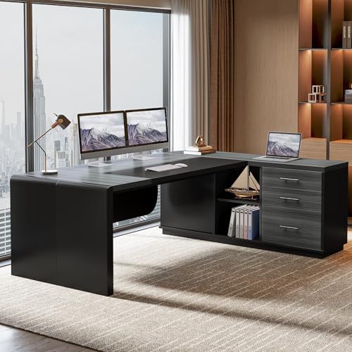 Tribesigns 80'' L-Shaped Desk, Large Executive Office Desk with 55'' Drawers Cabinet, Modern Commercial Office Table with Storage Shelves, Business Furniture for Home Office, Grey & Black - Image 6
