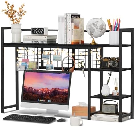 Snughome Desk Shelf, 44.9" Desktop Organizer Shelf, Desk Hutch for Computer Monitor, 4 Tier Desk Display Rack with Pegboard Hooks Set, Wood Desktop Bookshelf for Home Office Dorm by Snughome