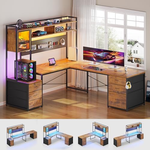 SEDETA Reversible L Shaped Gaming Desk with 6 Drawers, Hutch, Led Lights - Image 3