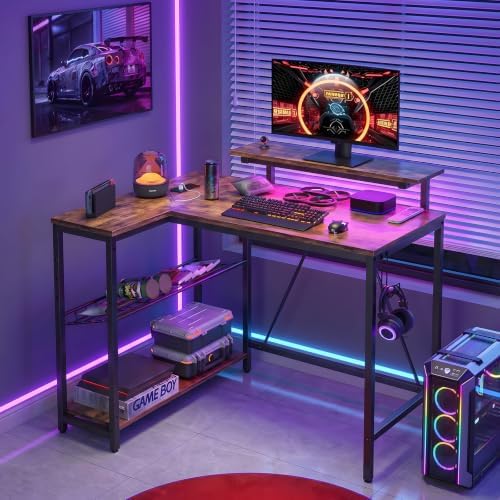 Bestier 42-Inch L-Shaped Gaming Desk with Charging & LED, Rustic Brown - Image 2