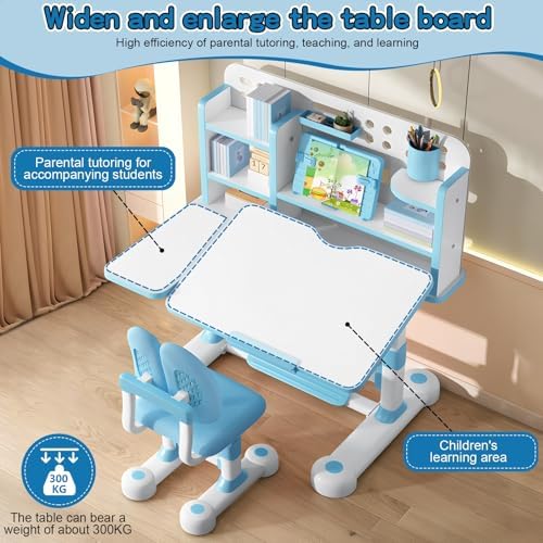 Kids Study Desk and Chair Set, Height Adjustable Children’s Table with Bookshelf & Drawer, 50‑Degree Tiltable Desktop, Ergonomic Chair for Bedroom Blue - Image 4