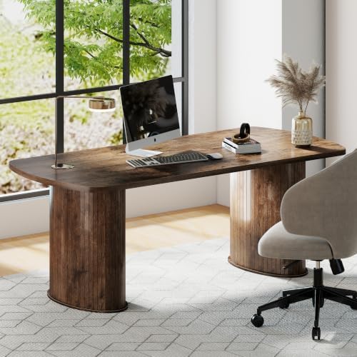NSdirect Large Office Desk, 63" Oval Computer Desk for Home Office, Multi Purpose Executive Work Table, Farmhouse Writing Desk for Living Room (Walnut) - Image 3