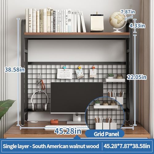Desk Shelf Bookcase 1-Tier Metal Desktop Bookshelf Hutch with Grid Panel and DIY design possible Multipurpose Storage Organizer Display Rack for Dorm Office Home Computer Desk(Black 45.3"×7.9"×38.6") - Image 3