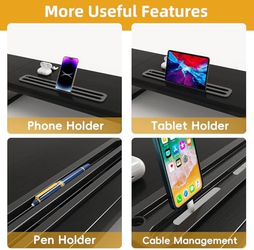 39 Inch Dual Monitor Stand Riser with 2 Drawers - Large Black Wooden Computer Stand for 2 Monitors, Ergonomic Desk Organizer with Phone Holder, Desktop Storage for Laptop, Office Supplies, Home Office - Image 5