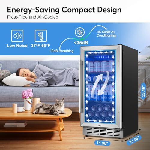 Beverage Refrigerator 15 Inch Wide, Upgrade Beverage Cooler With Glass Door,90 Can Beverage Fridge Capacity, Built-In Or Freestanding, Temperature Memory, Reversible Door, Perfect For Soda, Beer - Image 5